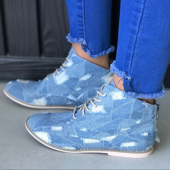 Denim Patchwork Distressed Combat Moto Boots - Picture 3 of 8